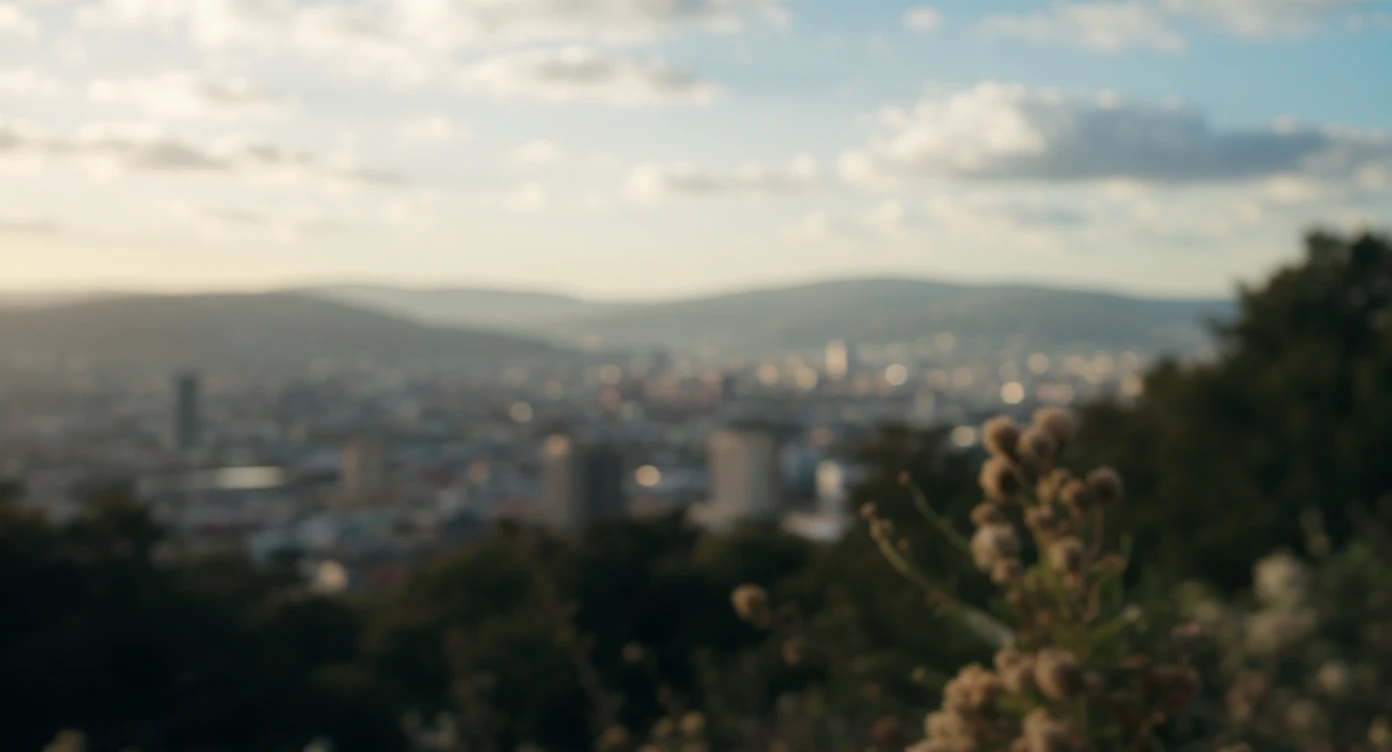 A cinemaatic still of a city, blurred plants in the foreground, shale fly above city sky, rolling hills in the background, cinematic depth of field, layered composition, natural lighting emoji