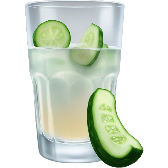 A cut glass of vodka and a small cucumber next to it.  emoji