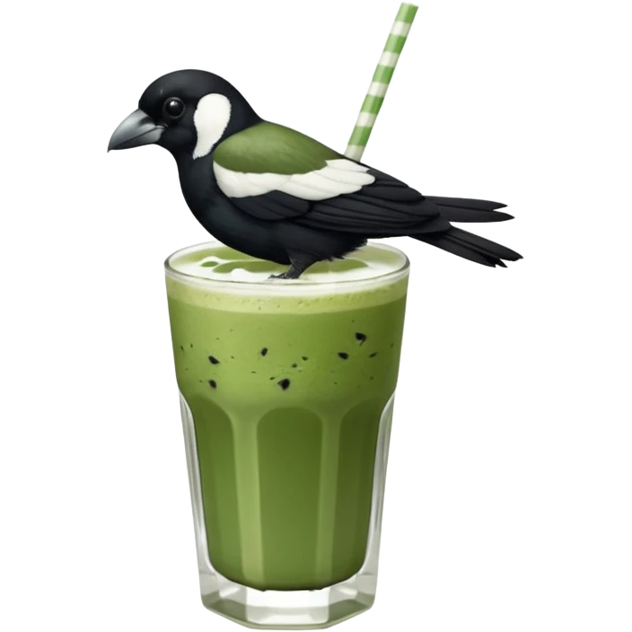  ONE Australien Magpie (just black and white feathers) sitting on an iced matcha latte on the edge of the glass. magpie has green matcha on its beak. matxha latte is in a see through glass and white from the oat milk on the bottom and green without seeds on top… one straw & ice cubes emoji