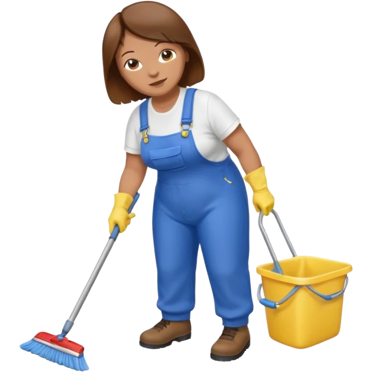 old and fat women, brown hair, Custodian with yellow rubber gloves, white T-shirt, blue overalls, mopping floor emoji