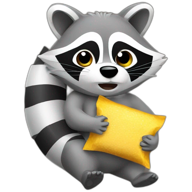 Raccoon with a seatbelt on eating a packet of crisps emoji