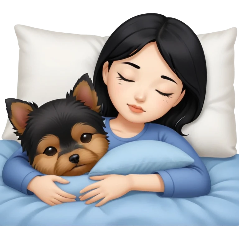 pretty asian girl with black hair sleeping in bed with small yorkshire terrier emoji
