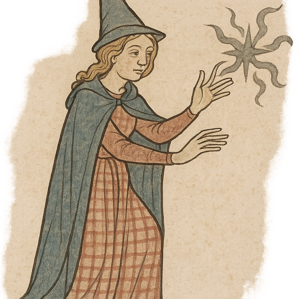 a young woman mage with golden blonde hair, red and white gingham dress, blue cloak and pointy hat, medieval fantasy, casting a spell emoji