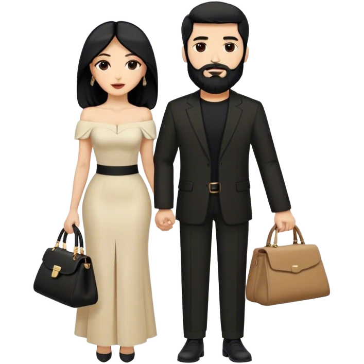the Lebanese white skinned man with black hair and beard dressed in all black, and the Palestinian woman in an elegant off-shoulder cream-colored outfit with a matching handbag. emoji