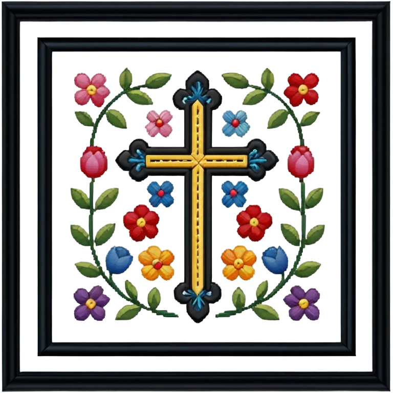 Framed cross-stitch emoji