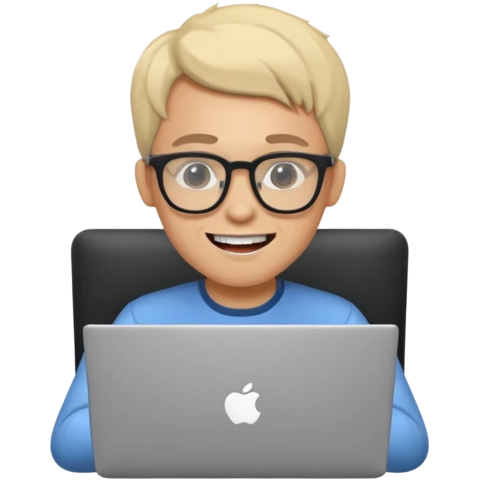 nerdy developer with glasses and prominent teeth, using a laptop, simple, clear emoji
