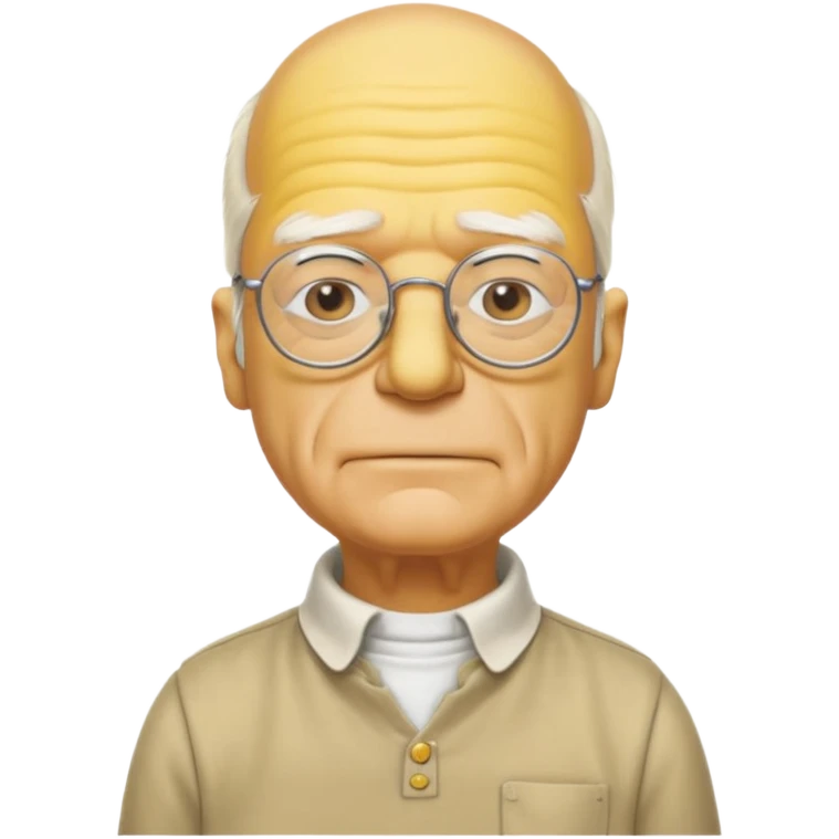A 3D cartoon close-up of Grandpa Abe Simpson, yellow skin, bald head with side tufts of white hair, glasses, wrinkled face, beige shirt with collar, soft yellow lighting, cinematic Memoji-style portrait consistent with other Simpsons family members, yellow dress. emoji