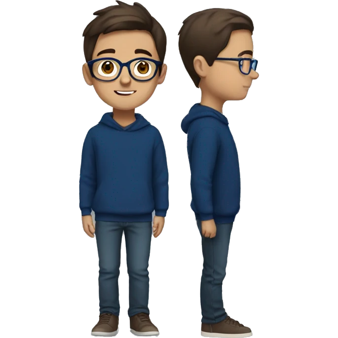winter, christmas, young boy, short  brown hair, brown eyes, hispanic, dark blue sweater, full body, blue glasses emoji