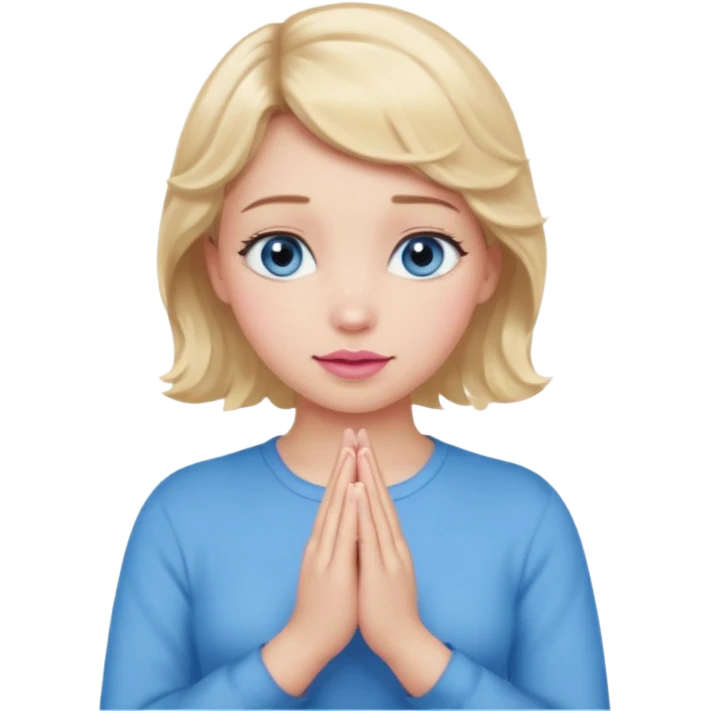 Girl Blonde short wavy hair,  blue eyes, cute blue top, long lashes, pink lips, praying hands emoji