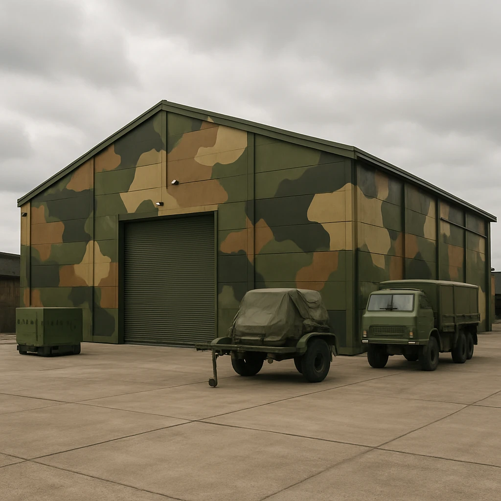 military warehouse painted in military camouflage emoji