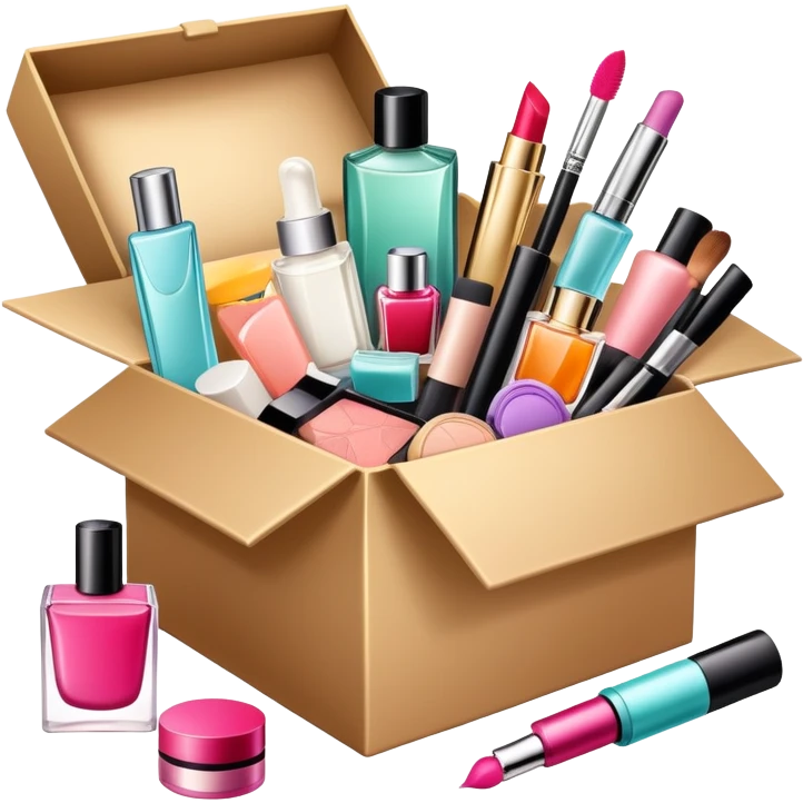 an opened box with various beauty items spilling out, including makeup, skincare, and perfume emoji