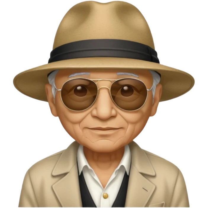 elderly Chicano gangster, wide-brim hat, sunglasses, subtle smirk emoji
