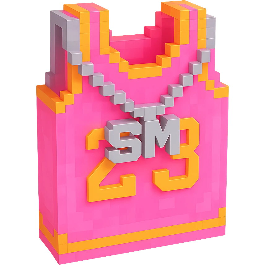 светящейся розовая баскетбольная майка с надписью "23" и серебряная цепь с надписью "SM", no background emoji