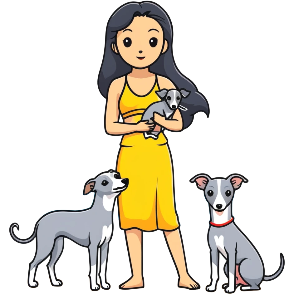 Slim Chinese woman with long black hair in beach attire at the beach with her Italian greyhound that is COMPLETELY solid grey, with absolutely NO white markings on face, snout, or anywhere else, single uniform grey color throughout entire dog body emoji
