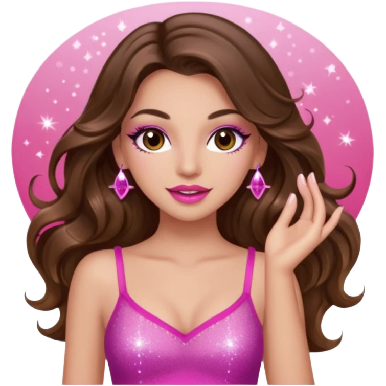 girl with long wavy brown hair, brown eyes, long lashes makeup, sexy pink lips, light to medium complexion, pink sexy top, dancing, sparkling emoji