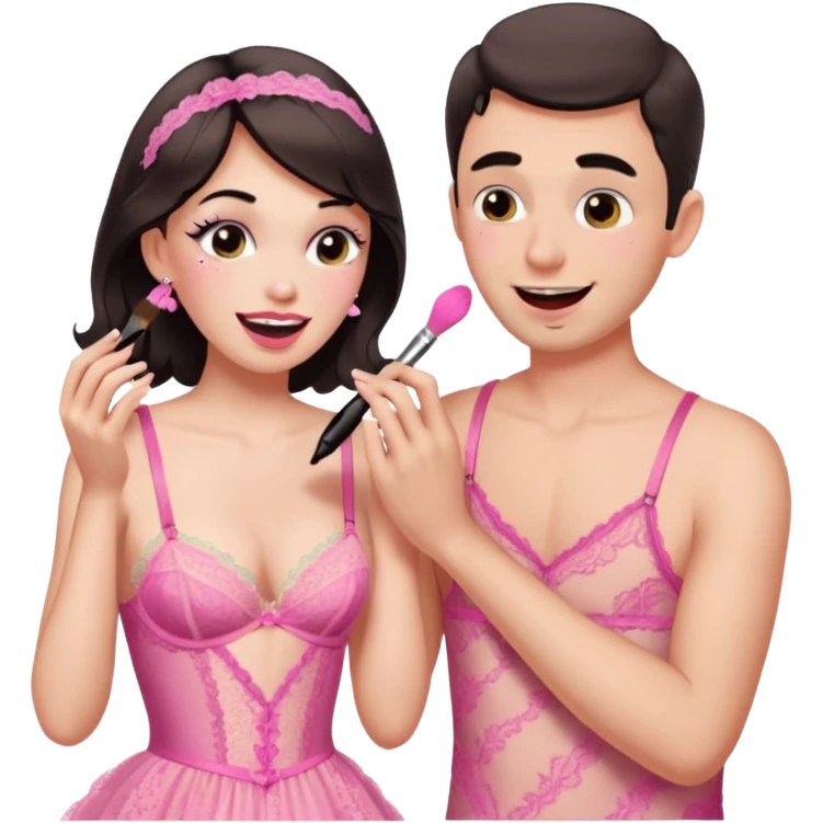 male getting sissified in lingerie dress by his wife. the wife is crying with laughter. she is doing the males makeup emoji
