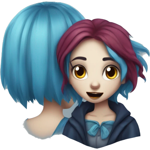 cute blue haired girl with vampire fangs daydreaming about a leopard and drooling emoji