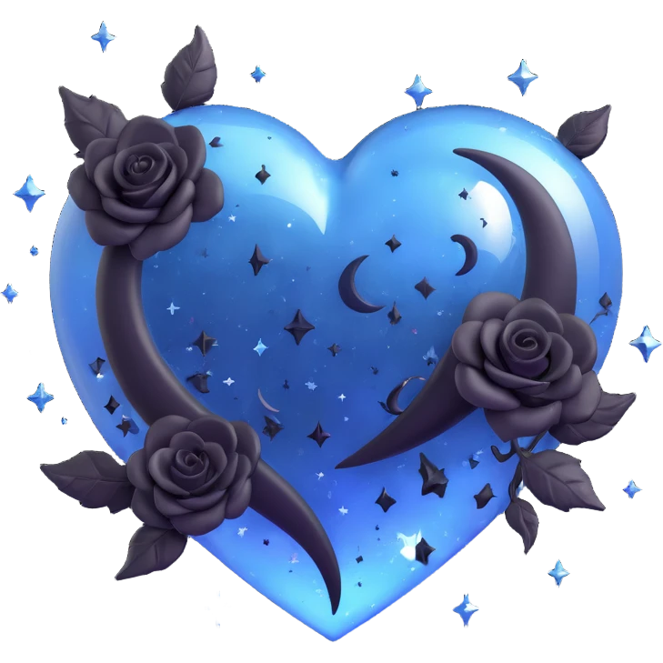 3D emoji gothic heart, midnight blue glass, silver crescent moon, tiny black roses, shimmering stardust, lightning bolt effect, rain-soaked look, cracked glass texture emoji