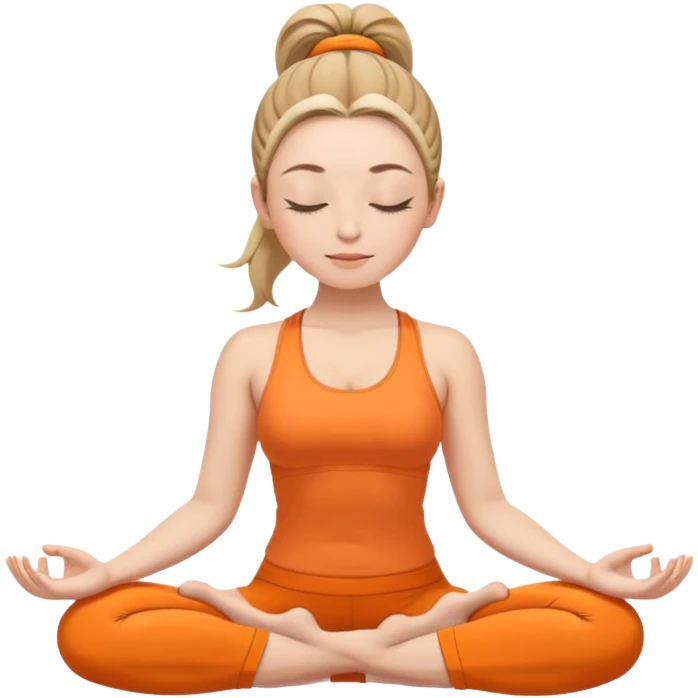 white woman with ponytail hairstyle in lotus position meditation yoga pose, closed eyes, relaxed face, wearing orange yoga outfit emoji