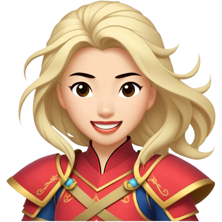 Cinematic Playful Mulan Portrait Emoji, Mid-laugh with a strand of hair falling over her face, adjusting her armor, eyes full of adventure, exuding an irresistible mix of beauty and fun, the perfect blend of warrior and princess! emoji