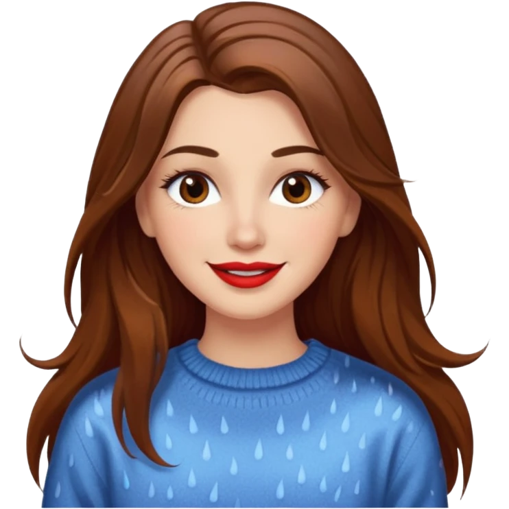 white woman with long brown hair and brown eyes, wearing a sweater, smiling in the rain, with long eyelashes and red lips emoji