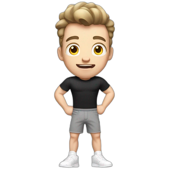 amazed Open with surprise mouth Pale skinned Fit Man With the biceps and dark brown hair in black shirt, gray sports shorts and white Sneakers emoji
