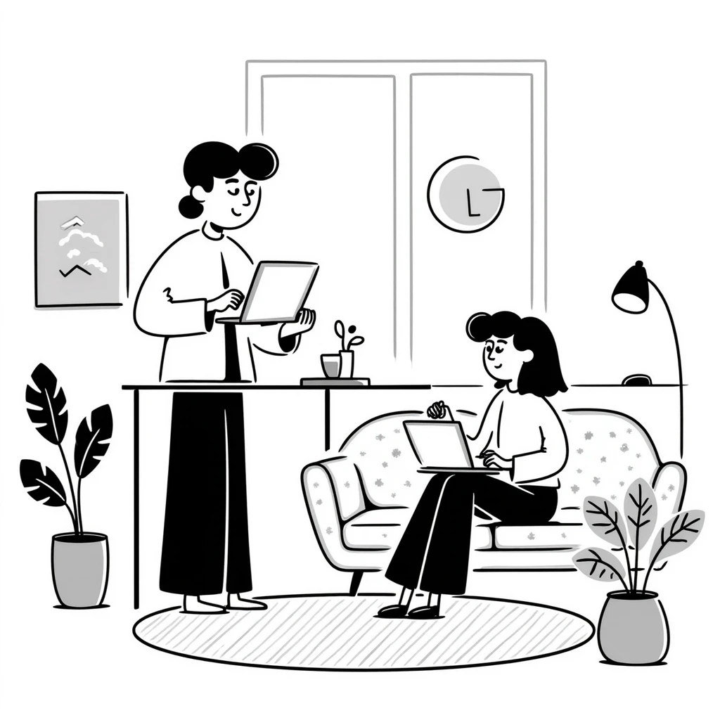 escenary 3d of a cozy mid-century living room with two people working on laptops, one man standing at a desk, and one woman sitting on a couch emoji