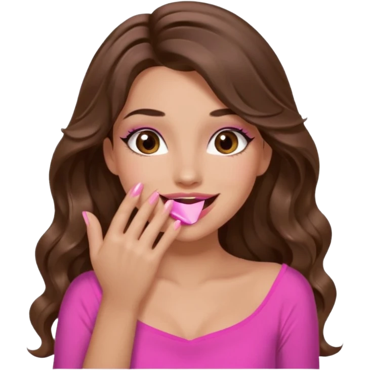 girl with long wavy brown hair, brown eyes, long lashes makeup, pink lips, light to medium complexion, pink sexy top, smiling, hand covering the mouth, giggling emoji