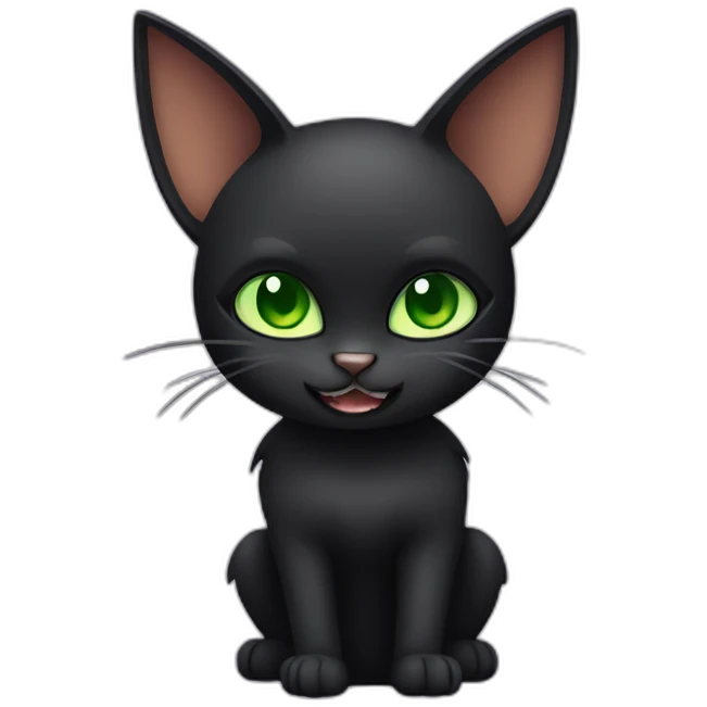 Black cute green eyed cat wearing bat wings and showing her fangs emoji