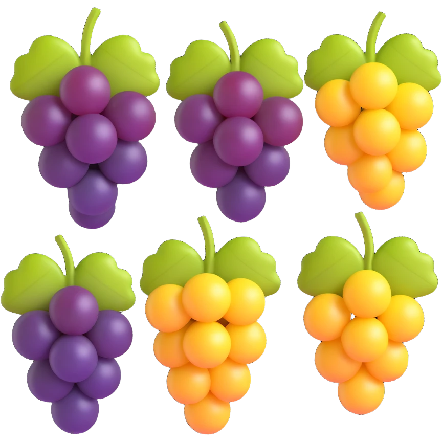 three bunches of grapes in 3D emoji style, dark purple, light yellow, and light red grapes side by side, each bunch with grape leaves, realistic and fresh appearance, no background emoji