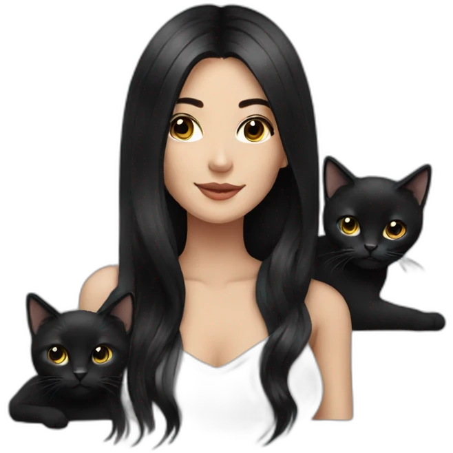 Beautiful woman with long black hair and with black cats on her shoulder  emoji