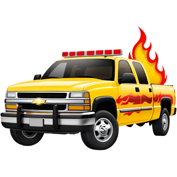 Yellow 1997 Chevrolet C-2500 Crew Cab Silverado with red flame design only on the front bumper, 30-degree view showing detailed bumper flames, Kill Bill movie vehicle, iOS emoji style emoji