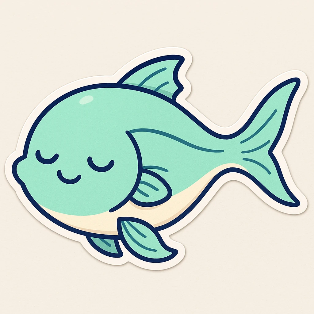 Create a cutesy fish with a sleepy expression in a cartoonish sticker style. Show droopy eyes or closed eyes and a relaxed mouth to convey sleepiness, maintaining a cute and soft appearance. emoji
