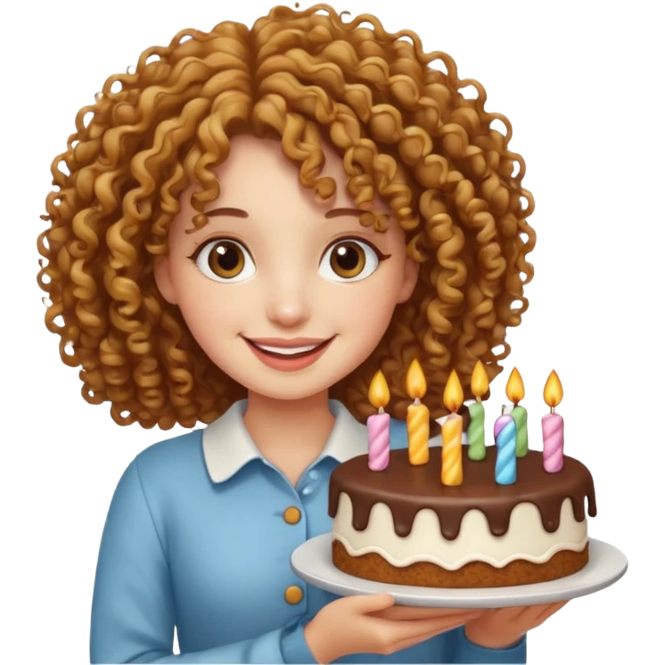 Curly haired girl with a cake emoji