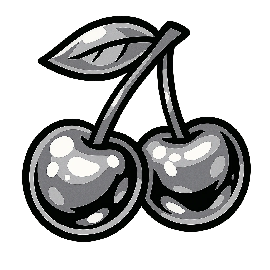 stylized silver metal cherries, cartoonish, with glossy highlights, metallic shine, transparent background emoji