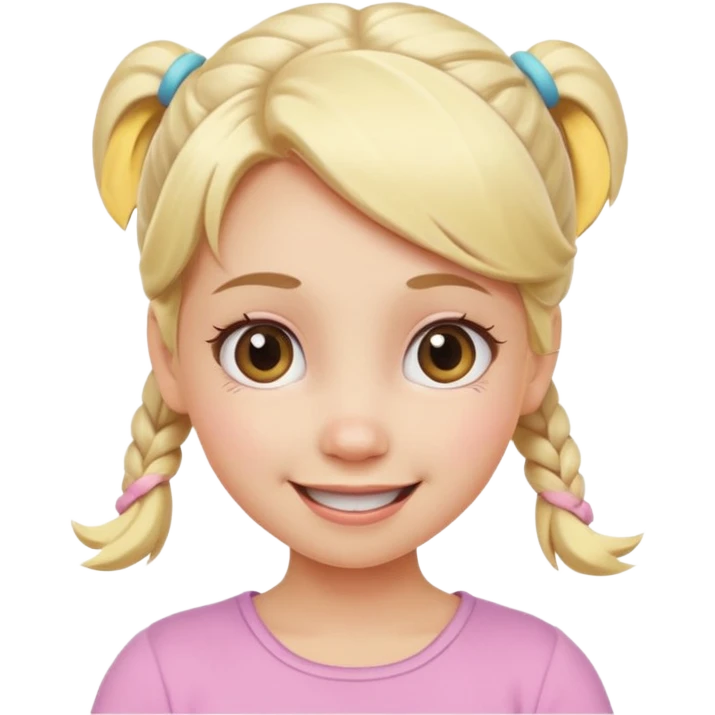 A playful blonde female cartoon character with wide, mischievous eyes, smiling, pigtail, dynamic pose suggesting movement, pastel colors, minimalistic and cute emoji style. emoji