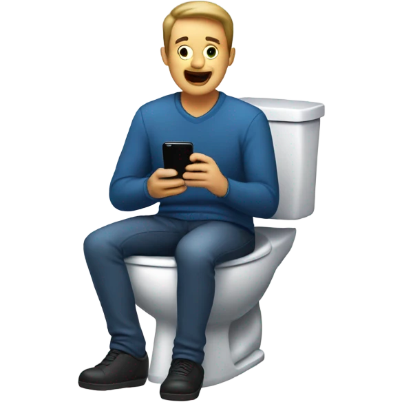 Man sitting on toilet with phone emoji