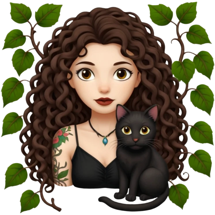 woman with long curly brown hair, brown eyes, white skin, tattoos, black cat tangled in living vines emoji