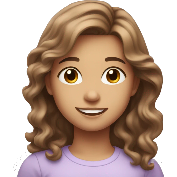 girl with mid to long brown wavy hair, brown eyes, cute smile and lilac shirt emoji
