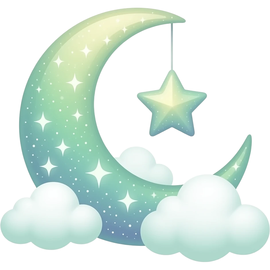 Cute pastel crescent moon emoji, same shape as reference. Keep original sparkly magical pattern and small hanging star. Recolor moon to soft gradient green shades (mint, sage, emerald). Clouds fluffy and mostly white with slight green tint. Glossy kawaii sticker, transparent background. emoji