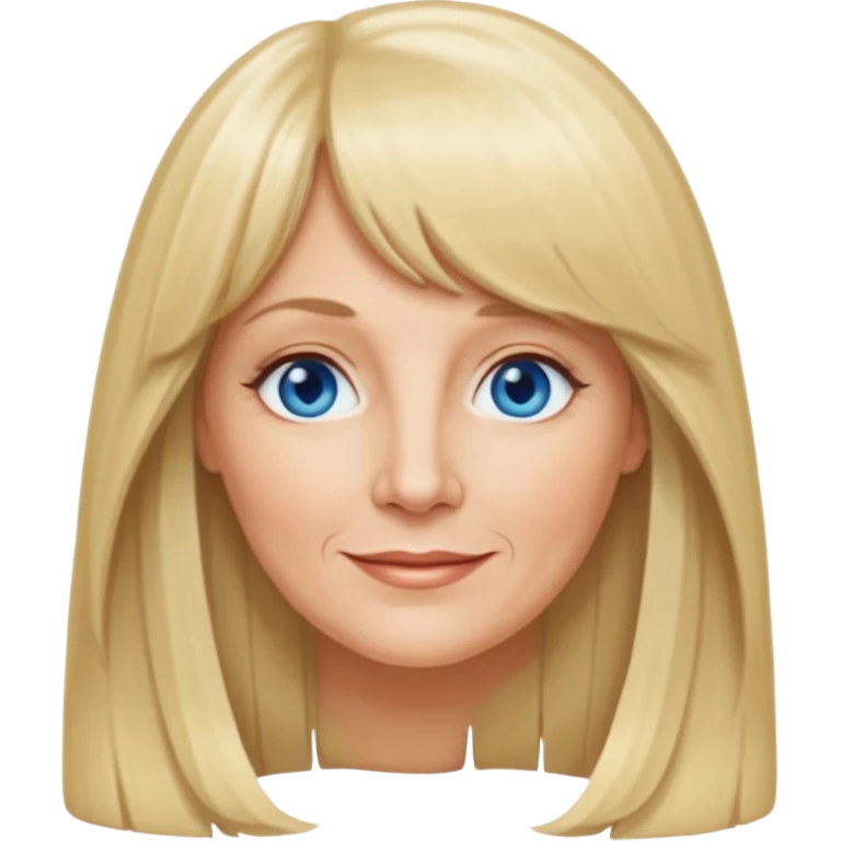 50 yr old white woman, curtain bangs, very long straight blond hair, oval face, small smile, blue eyes emoji