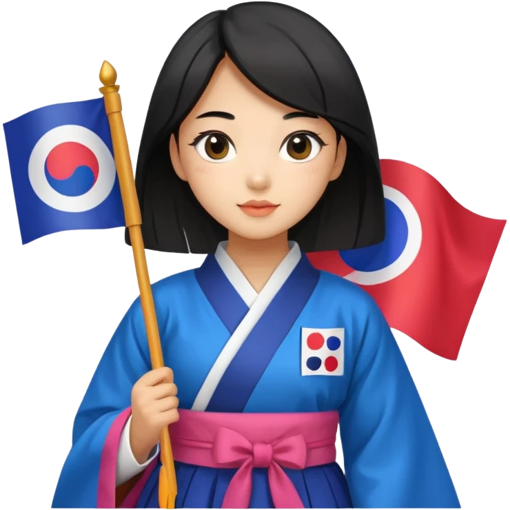 black hair girl with colorful hanbok holding south korea flag with white background emoji