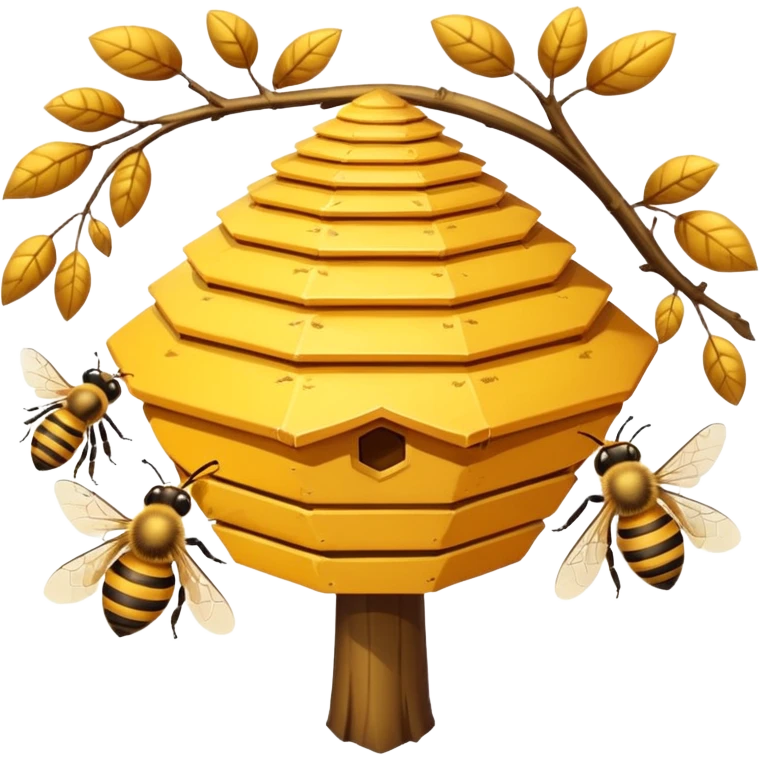 A small hive nestled between tree branches with worker bees. emoji