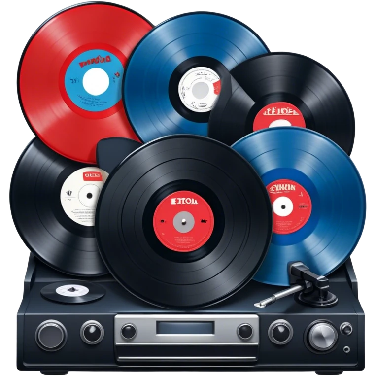 Icon for Vinyl Record Collecting: large black? red and blue vinyl records in decorative packaging featuring artist images, neatly arranged on a wall or shelf, vinyl record player. The icon should reflect the aesthetic and artistic aspect of collecting vinyl records. Transparent background. emoji