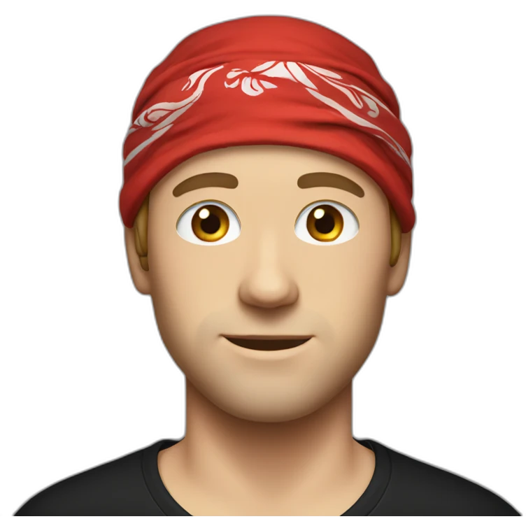 White man in a black T-shirt and a red bandana emoji