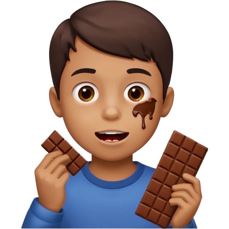 A boy holding a chocolate bar with him chewing on the bite he took emoji
