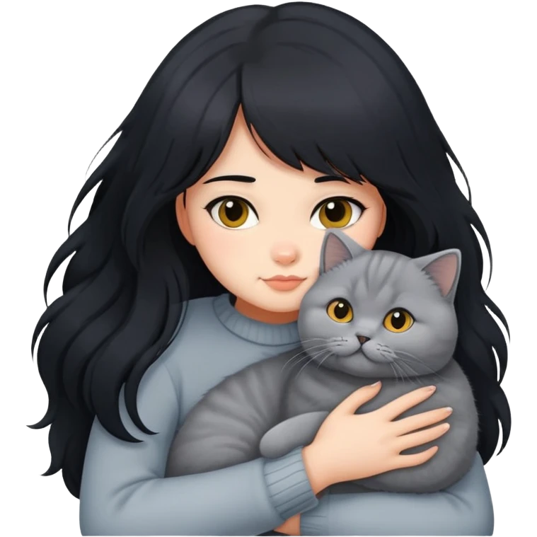 A girl with long black  hair tightly hugged a british shorthair emoji