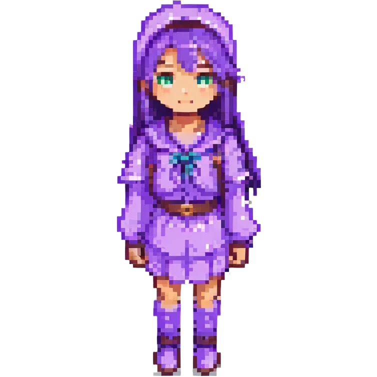 Change the girl's clothes to purple, keep the pixel art style, with no background. emoji