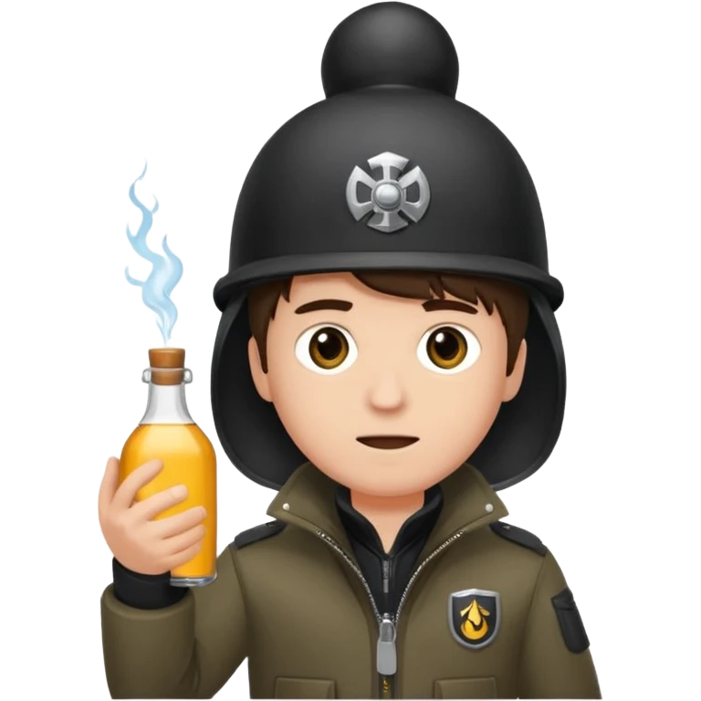 erstell ein bild Von eine jungen der braune augen hat eine sturmhaube trägt und eine Jacky flasche in der Hand hebt plus eine Jacke mit schwarzen fell emoji