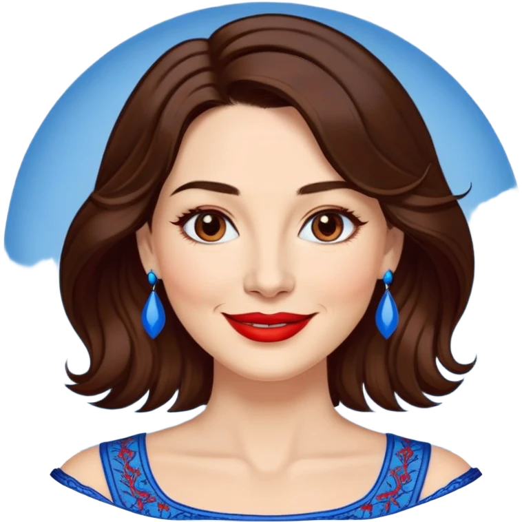 Woman in her 40s with clear skin, round face, wide friendly smile, big light brown eyes, vibrant red lipstick, shoulder-length wavy dark brown hair, white top with blue embroidery and electric blue neckline, mature elegant look emoji